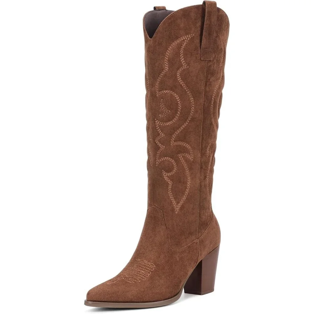 Women Brown Suede Western Knee High Cowgirl Boots with Side Zipper Retro Pointed